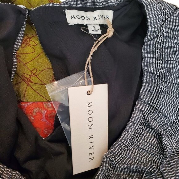 NWT Anthropology Moon River Black White Gingham Ruffled Long Sleeve Mini Dress S - Picture 12 of 13